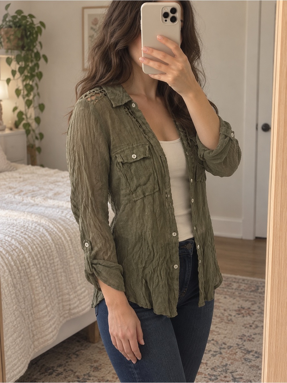 Olive Green Women's Button-Front Shirt Jacket